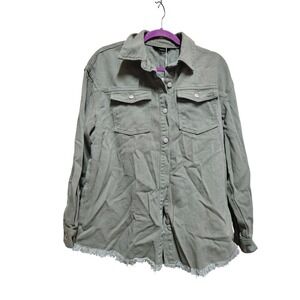 Dokotoo Frayed‎ Hem Button Down Long Sleeve Shirt Jacket Shacket Olive Green